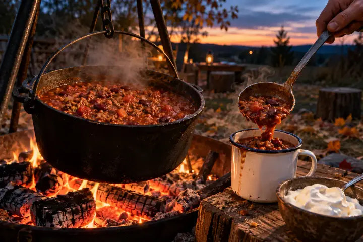 Chili con carne i en gryta över öppen eld