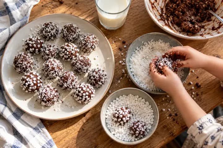Ett barn rullar chokladbollar i pärlsocker vid köksbordet