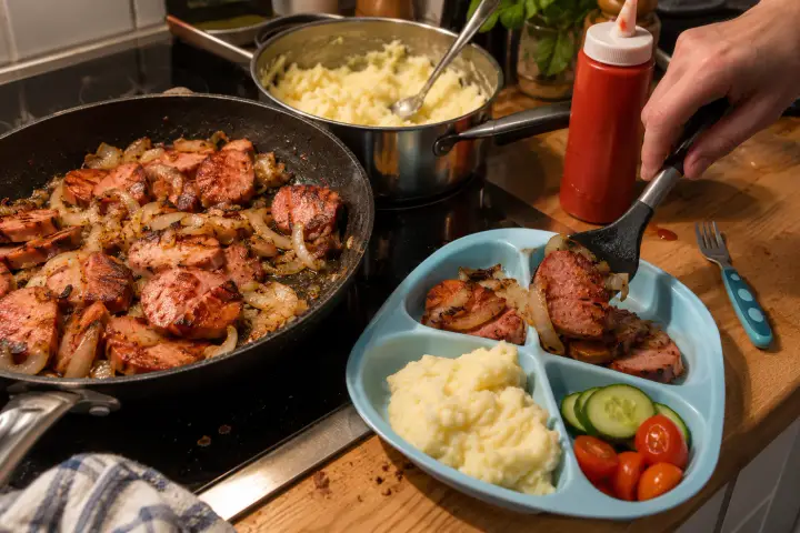 Stekt falukorv i en panna, serverad med potatismos och grönsaker