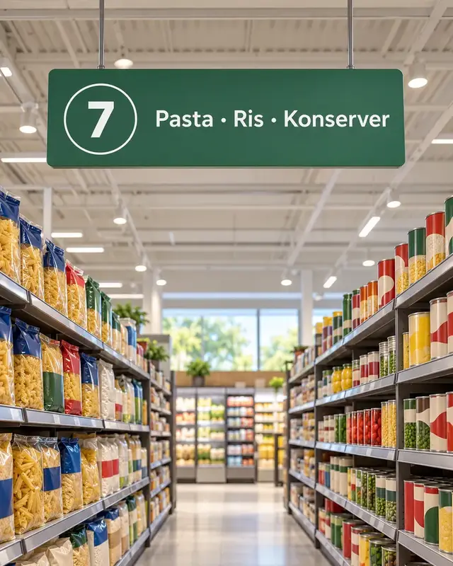 Skylten för gång 7 med pasta, ris och konserver i en matbutik