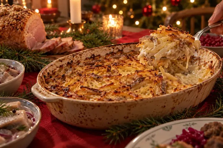 Janssons frestelse i en ugnsform på ett dukat julbord med skinka och ljus