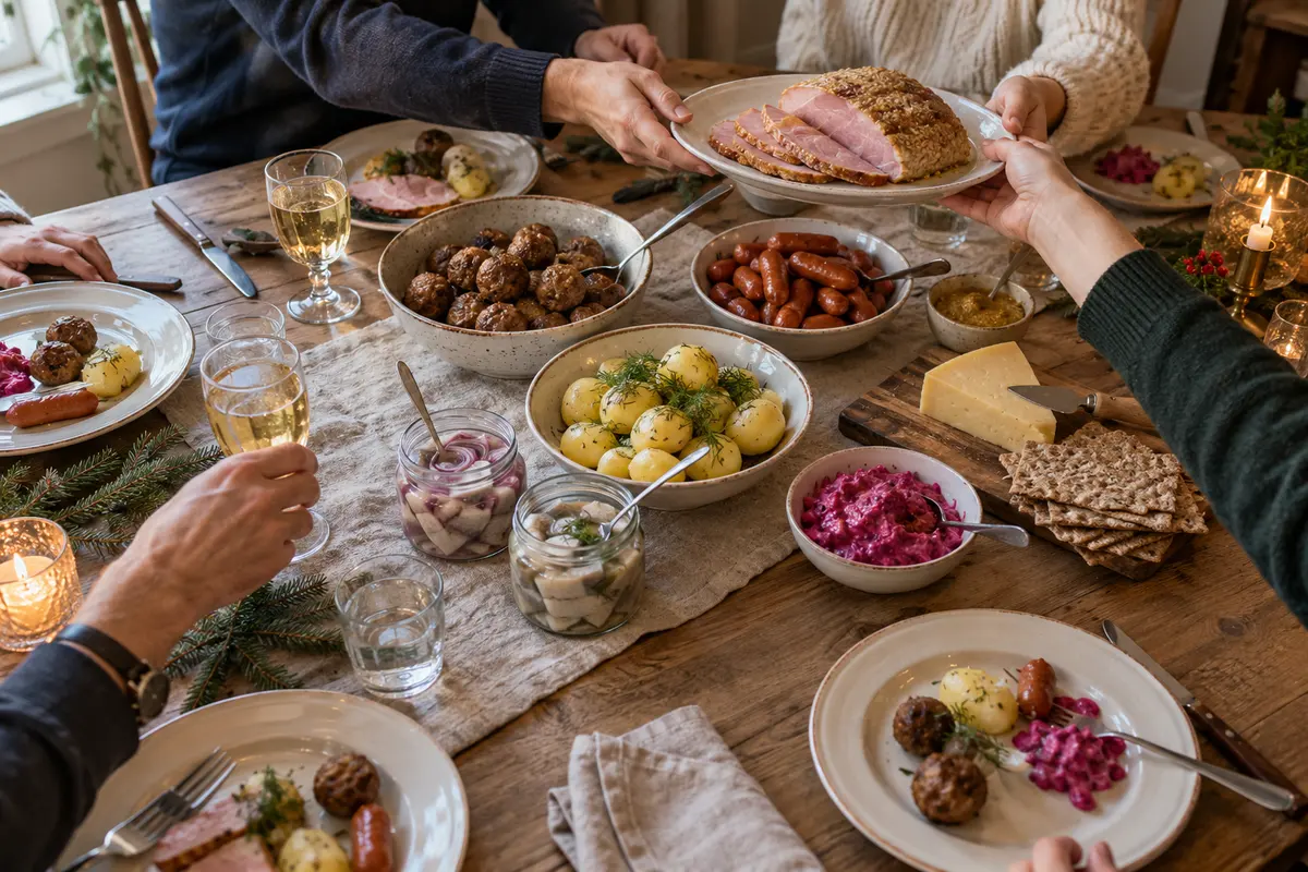 Ett dukat julbord hemma med julskinka, köttbullar, prinskorv, sill, rödbetssallad, potatis och knäckebröd, och händer som skickar ett fat