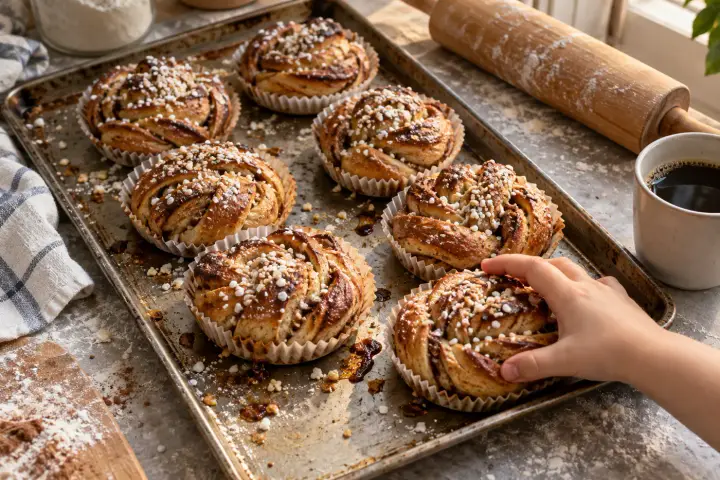 Nybakade kanelbullar med pärlsocker på en plåt