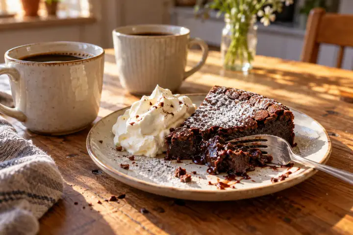 En bit kladdkaka med vispad grädde och en kopp kaffe