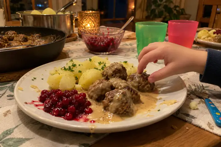 Köttbullar med gräddsås, kokt potatis och lingon på en tallrik