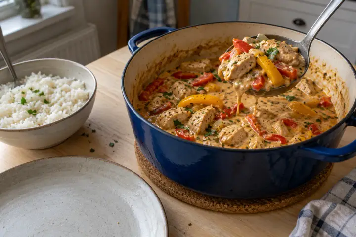 Krämig kycklinggryta med paprika i en blå gryta, med ris bredvid