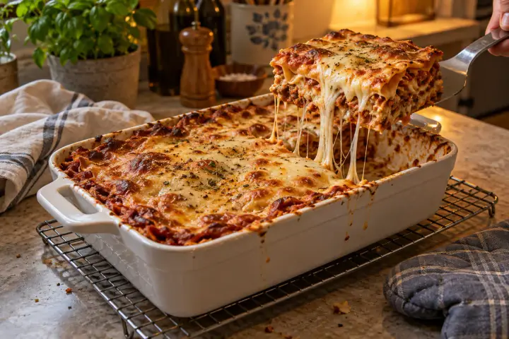 Lasagne med smält ost som lyfts ur en ugnsform