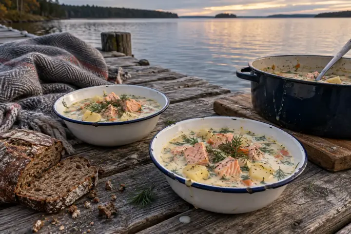 Två skålar laxsoppa med dill på en brygga vid en sjö