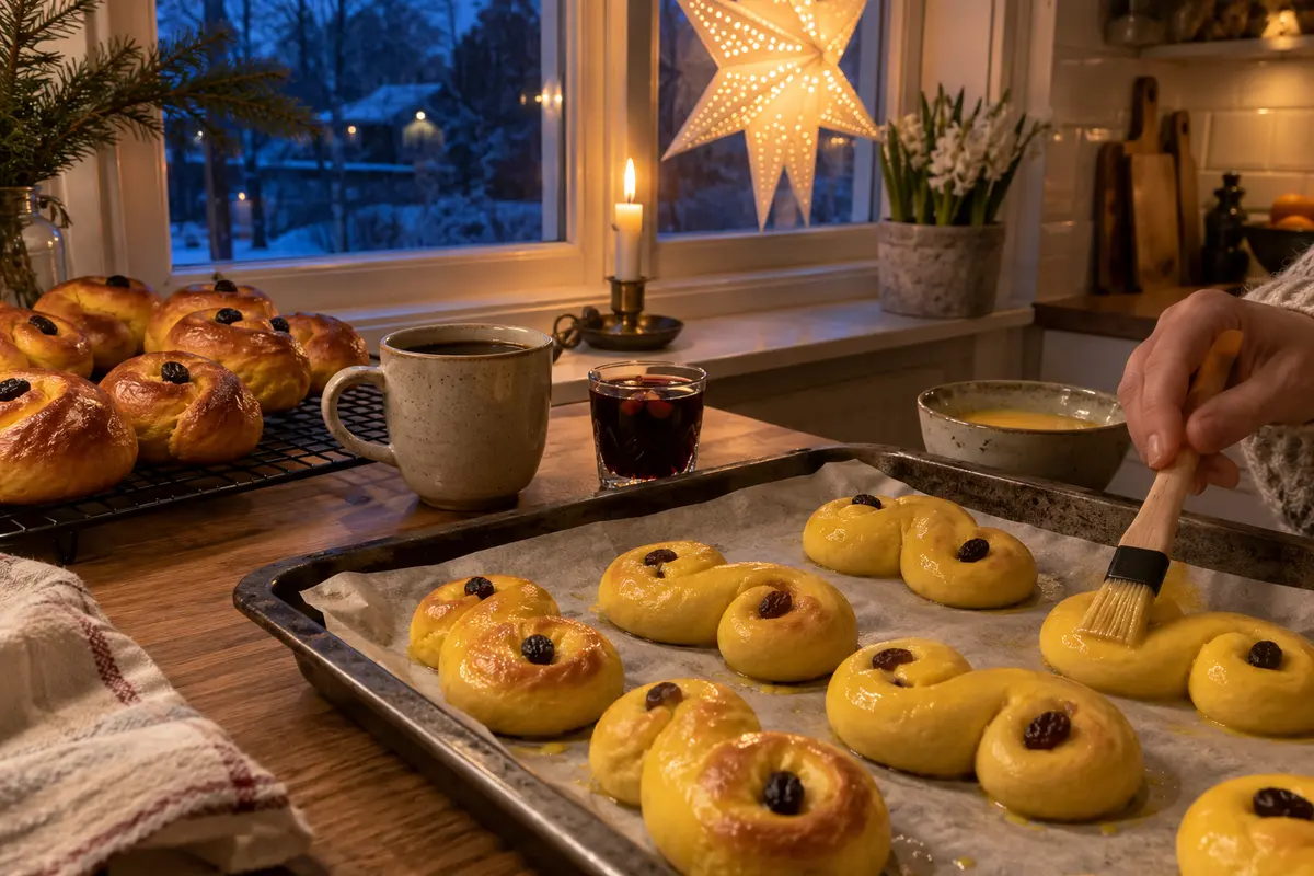 Nygräddade lussekatter som penslas med ägg en tidig luciamorgon, med en adventsstjärna och levande ljus i fönstret