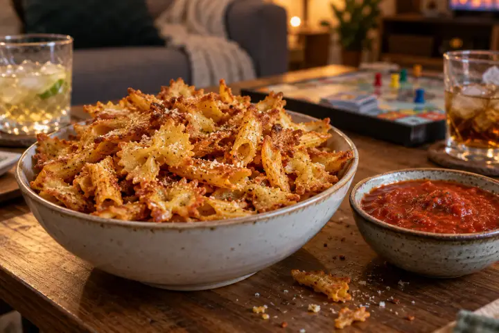 En skål krispiga pastachips med tomatdipp