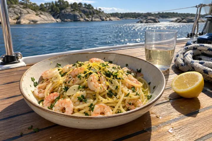 En skål räkpasta med persilja och citron på ett bord i solen