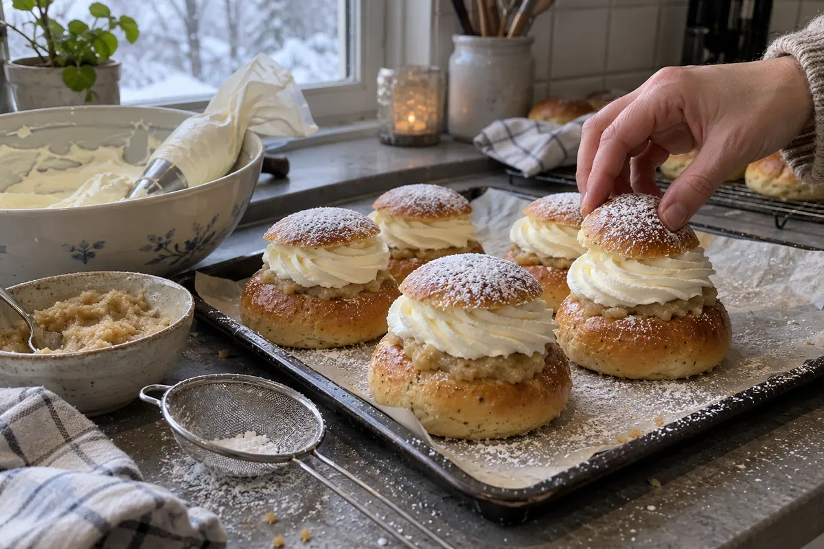 Hembakade semlor med mandelmassa, vispad grädde och florsocker på en plåt en snöig februaridag