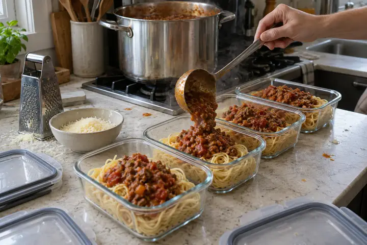 Spaghetti med köttfärssås fördelad i matlådor