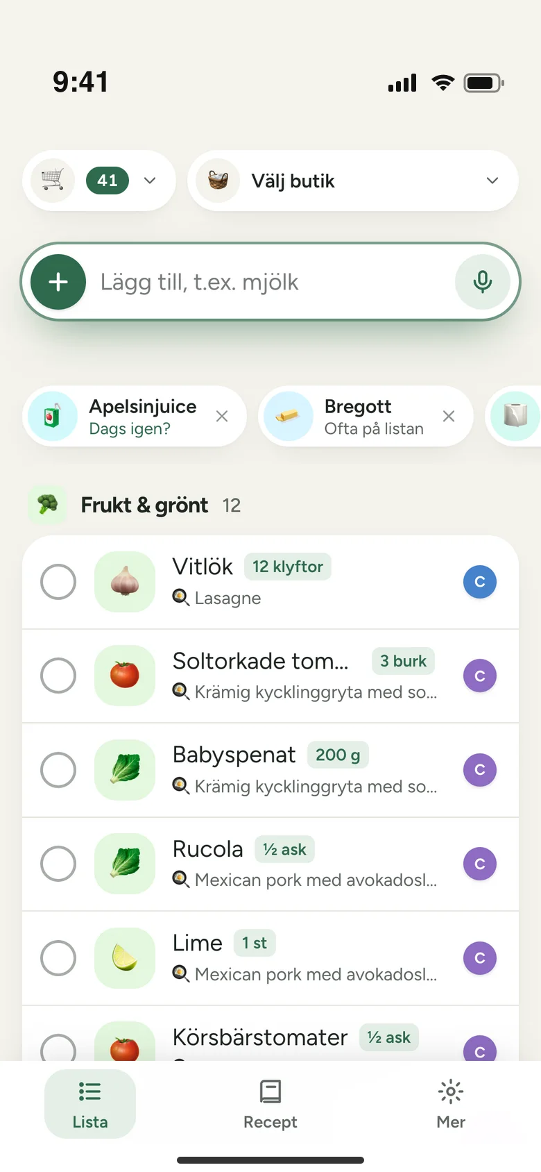 Hushållets inköpslista i Matlistan, sorterad per avdelning med varornas mängder