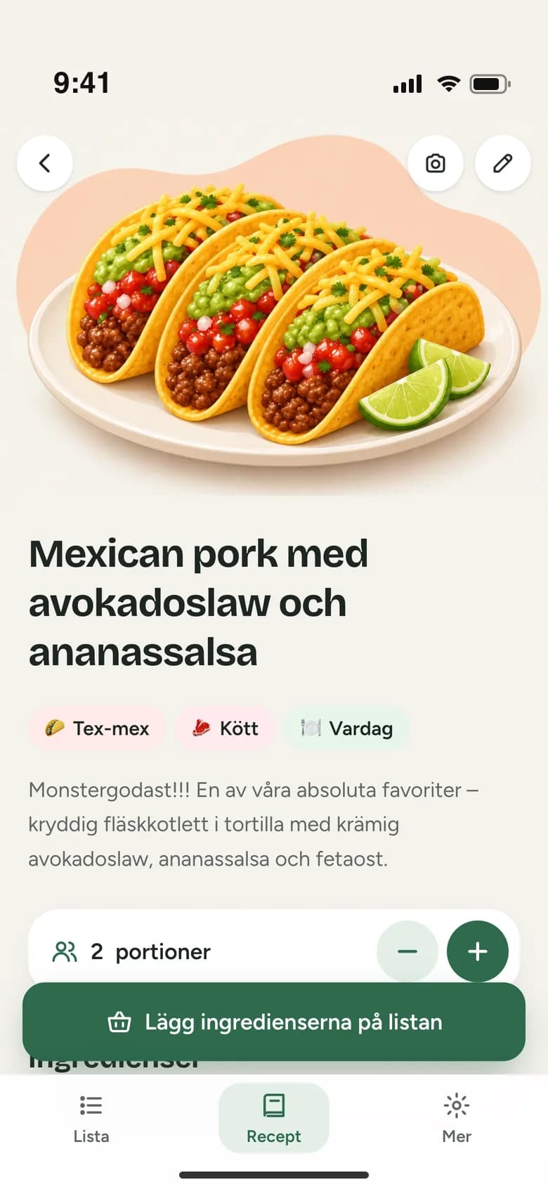Ett recept i Matlistan med portioner, ingredienser och knappen för att lägga dem på listan