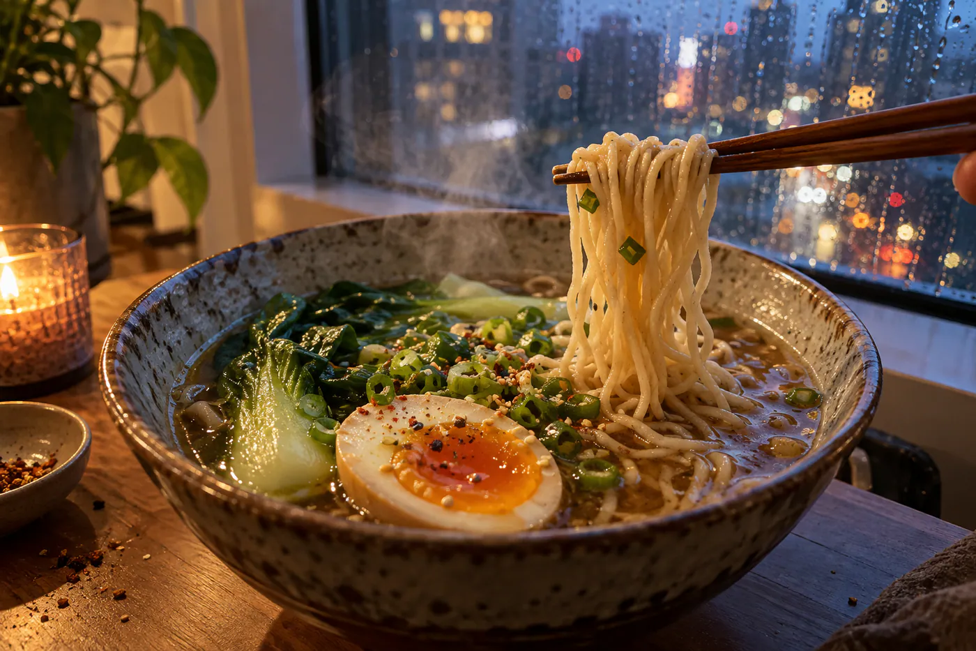 Nudelsoppa med ägg och pak choi