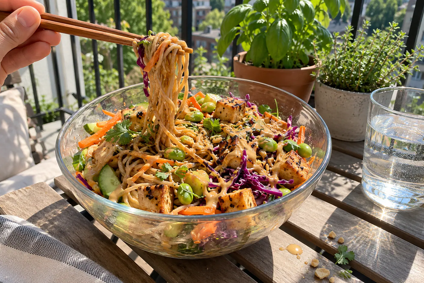 Nudelsallad med jordnötssås och tofu