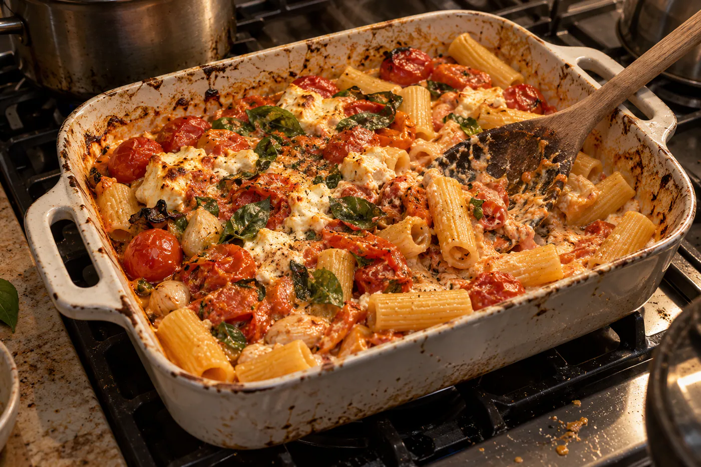 Ugnsbakad fetapasta med körsbärstomater