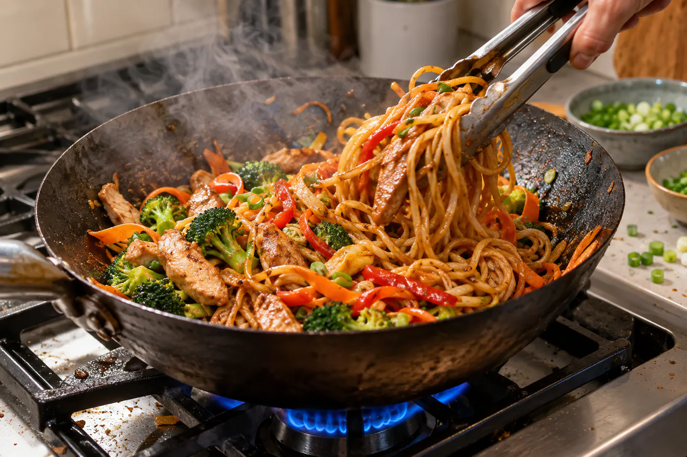 Kycklingwok med grönsaker och nudlar
