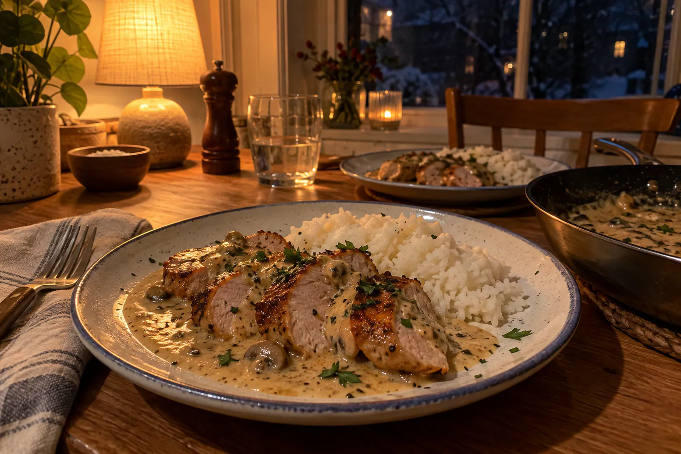 Fläskfilé med gräddsås och ris